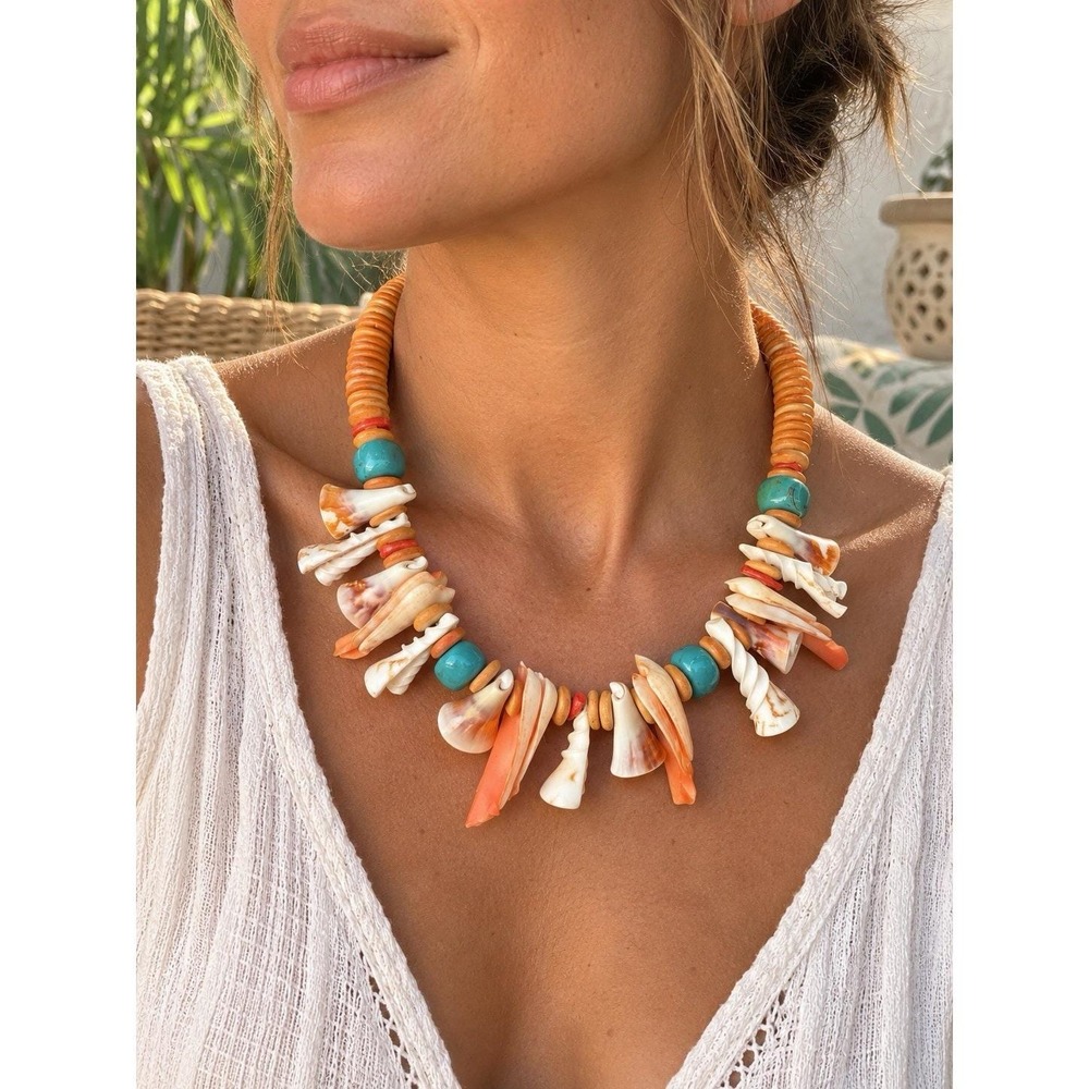 VTG Shell Heishi Necklace Turquoise Stone Chunky Southwestern Statement 18"